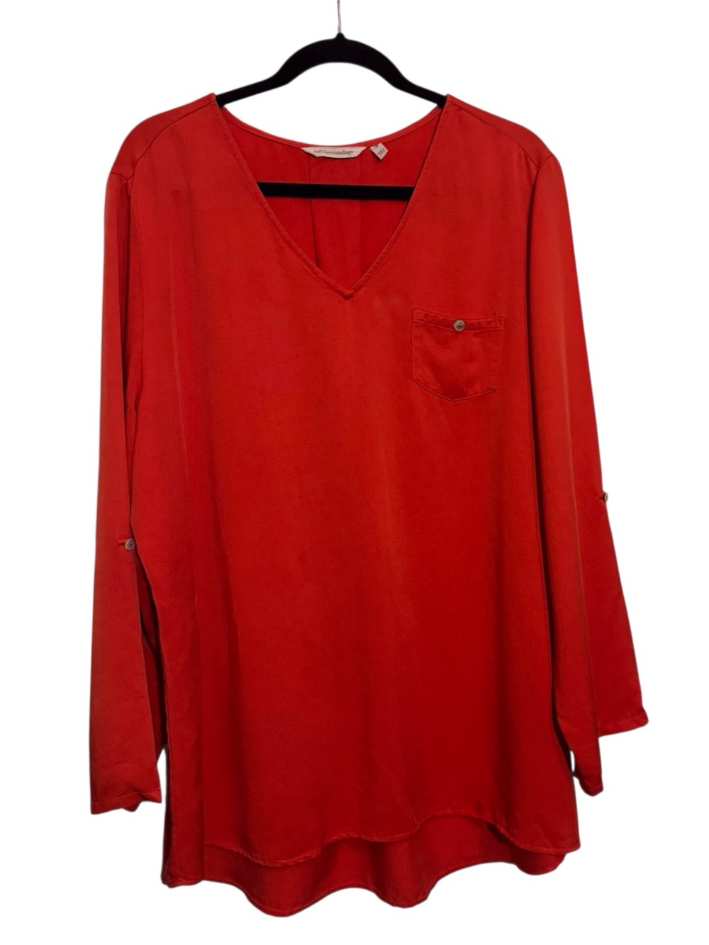 Soft Surroundings Size 1X Orange Pocket Tencel Blouse Top V-Neck Long Sleeve